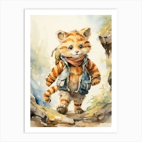 Tiger Illustration Hiking Watercolour 4 Art Print