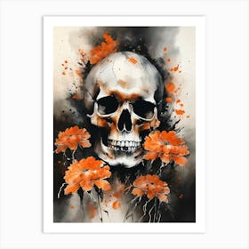 Abstract Skull Orange Flowers Painting (29) Art Print