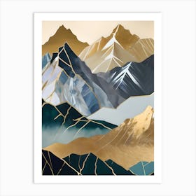 Celestial Peaks: Abstract Geometric Landscape with Metallic Accents Art Print