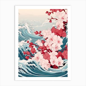 Great Wave With Orchid Flower Drawing In The Style Of Ukiyo E 3 Art Print