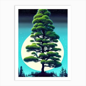 Pine Moon Tree Landscape Nature Scene Stars Setting Night Midnight Full Moon Art Print