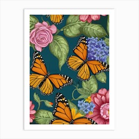 Seamless Pattern With Monarch Butterflies 1 Art Print