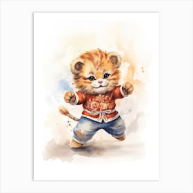 Dancing Watercolour Lion Art Painting 4 Art Print
