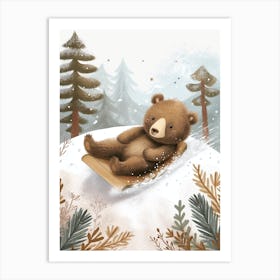 Sloth Bear Cub Sliding Down A Snowy Hill Storybook Illustration 2 Art Print