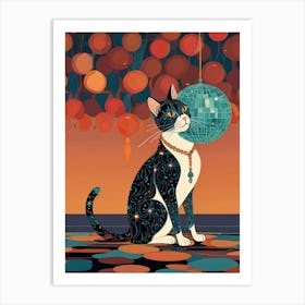 Cat With Disco Ball Art Print