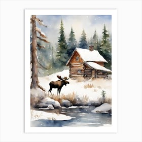 Winter Forest with Loghouse and Moose Art Print