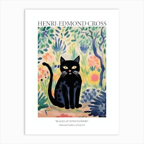 Henri Edmond Cross Style Black Cat With Flowers Poster Art Print