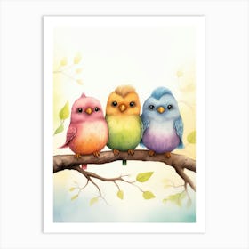 Three Colorful Birds On A Branch Art Print