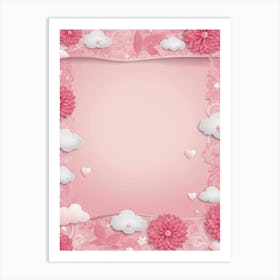 Pink Frame With Flowers And Clouds Art Print