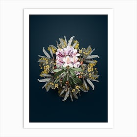 Vintage Common Rhododendron Flower Wreath on Teal Blue n.0685 Art Print