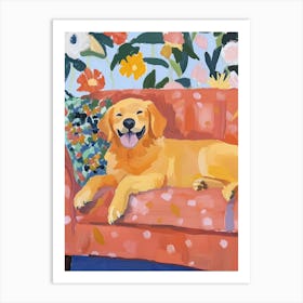 Golden Retriever on Couch Gouache Painting Art Print