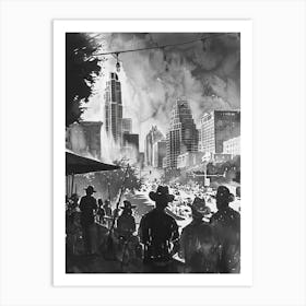 Live Music Scene Austin Texas Black And White Watercolour 2 Art Print