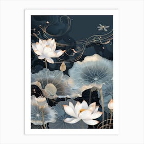 Lotus Flower With Dragonfly Art Print