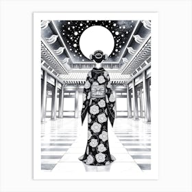 Geisha In Kimono At Night - Drawing Art Print