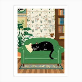 Black Cat On A Green Couch 1 Art Print