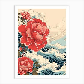 Great Wave With Peony Flower Drawing In The Style Of Ukiyo E 4 Art Print