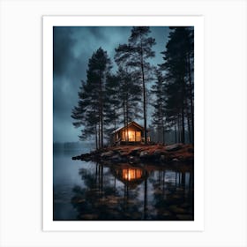 Cabin In The lake by night Art Print