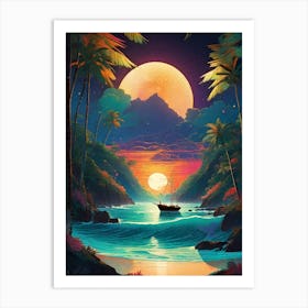 Fiji Island ~ Shipwrecked in Paradise Full Moon Travel Adventure Visionary Wall Decor Futuristic Sci-Fi Trippy Surrealism Modern Digital Psychedelic Neon Spiritual Yoga Room Third Eye Art Print