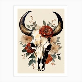 Vintage Boho Bull Skull Flowers Painting (3) Art Print