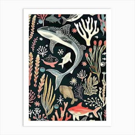 Shark Pattern Seascape Black Background Illustration 3 Art Print