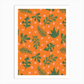 Scattered Retro Green Tropical Leaves and Peach Polka Dots on Orange Art Print