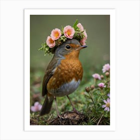 Robin With Flower Crown 3 Art Print