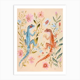Folksy Floral Animal Drawing Gecko Art Print