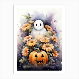 Cute Bedsheet Ghost, Botanical Halloween Watercolour 151 Art Print