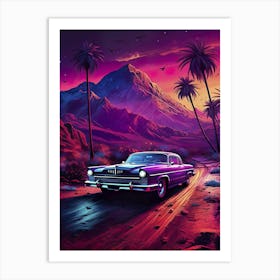 Synthwave aesthetic retro car, 60s car [synthwave/vaporwave/cyberpunk] — aesthetic poster, retrowave poster, vaporwave poster, neon poster Art Print