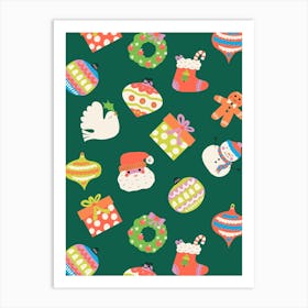 Scattered Christmas Icons, Ornaments, and Gifts on Pine Needle Green Art Print