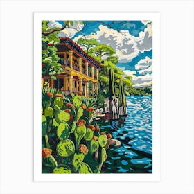 The Oasis On Lake Travis Austin Texas Colourful Blockprint 3 Art Print