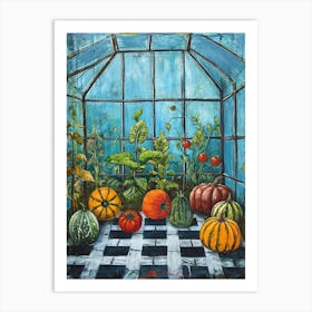 Vegetables In The Greenhouse Blue Checkerboard Art Print