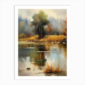 Forest Lake, Autumn Lake, Vintage Oil Painting, Farmhouse Wall Decorations, Antique Landscape, Vintage Landscape Oil Painting.3 Art Print