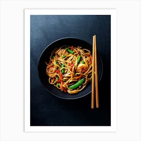 Noodles with prawns vegetables — Food kitchen poster/blackboard, photo art Art Print