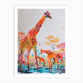 Herd Of Giraffe In The Water Watercolour 3 Art Print