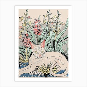 Cute Oriental Shorthair Cat With Flowers Illustration 2 Art Print