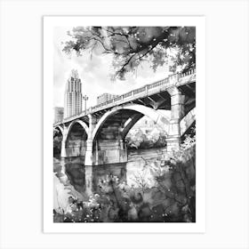 Congress Avenue Bridge Austin Texas Black And White Watercolour 4 Art Print