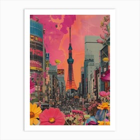 Tokyo   Floral Retro Collage Style 2 Art Print