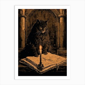 A Black Cat At The Desk With A Candle Sepia Etching Art Print