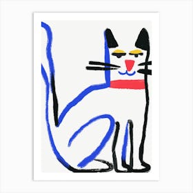Cat Drawing in blue line Art Print