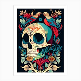 Skull With Bird Motifs Colourful Line Drawing Art Print