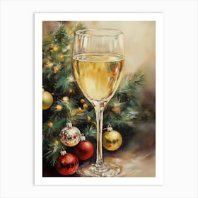 White Wine And Christmas Ornaments Art Print