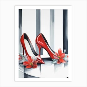 Red Shoes And Flowers Art Print