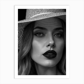 Black And White Portrait Of Beautiful Woman In Hat Art Print