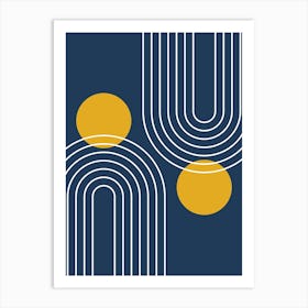 Mid Century Modern Geometric In Navy Blue And Mustard Yellow (Rainbow And Sun Abstract) 01 Art Print