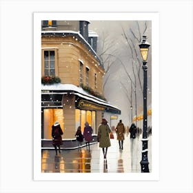 Paris cafes, winter season, Christmas, autumn oil colors, pale colors, pedestrians in the street, winter clothes, falling snow.Christmas decorations.12 2 Art Print