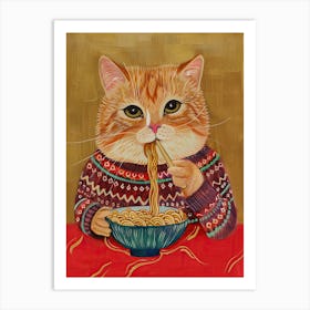 Cute Brown White Cat Eating Pasta Folk Illustration 3 Art Print