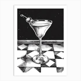 Martini Sketch Illustration Black & White Art Print