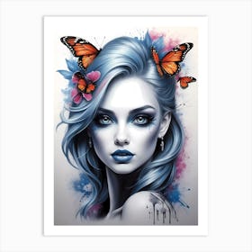 Blue Girl With Butterflies Art Print