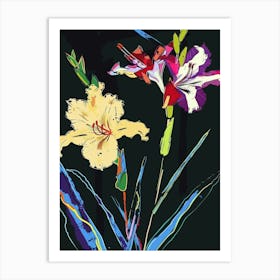 Neon Flowers On Black Gladiolus 3 Art Print